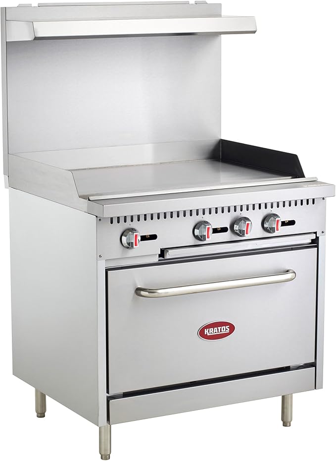 Kratos 36" Wide Commercial Gas Range and Oven, 36" Griddle with Full Sized Oven, 60,000 Total BTU, Stainless Steel Griddle for Restaurants, Liquid Propane (29Y-174-LP)