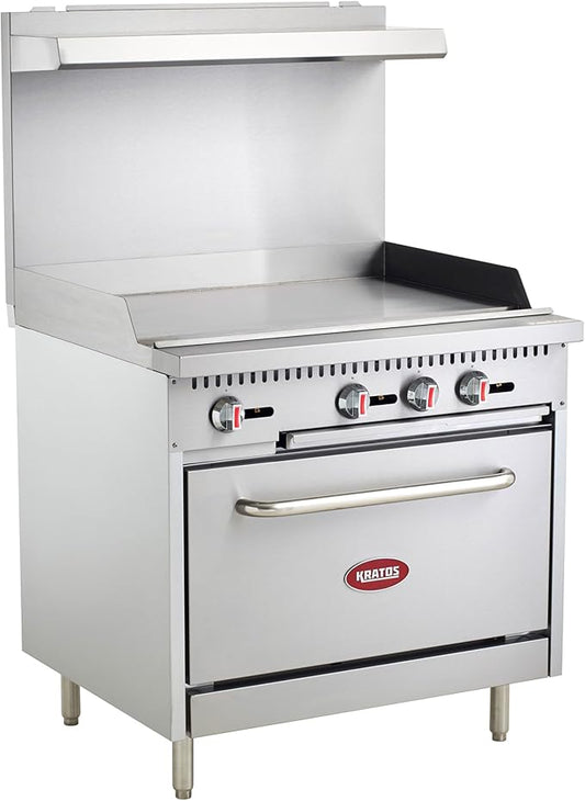 Kratos 36" Wide Commercial Gas Range and Oven, 36" Griddle with Full Sized Oven, 60,000 Total BTU, Stainless Steel Griddle for Restaurants, Liquid Propane (29Y-174-LP)