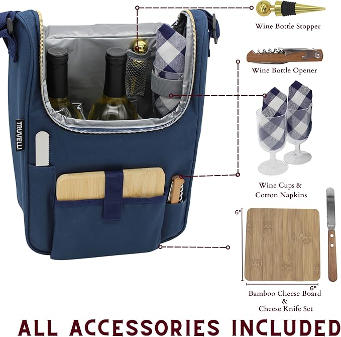 Truvelli Plush Picnic Premium Wine Bag, 7-in-1 Insulated 2 Bottle Wine Carrier Tote, Wine & Cheese Cooler Bag, Great Gifts for Wine Lovers (Deep Blue)
