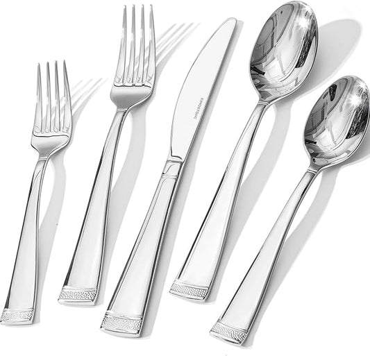 KINGSTONE Silverware Set, 60-Piece Flatware Set for 12, 18/10 Stainless Steel Cutlery Set with Bead Edge, Utensil for Kitchen, Home, Party, Wedding, Mirror Polished, Dishwasher Safe, Featured Gifts