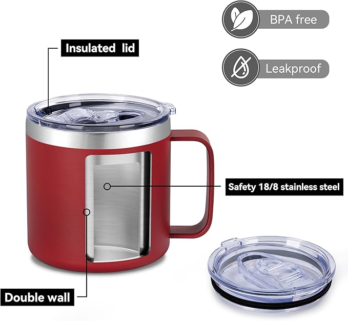 VEGOND 14 oz Insulated Coffee Mug Bulk with Handle, Stainless Steel Travel Coffee Mug with Lid, Double Wall Vacuum Metal Coffee Cup, Coffee Tumbler Powder Coated, Red 4 Pack