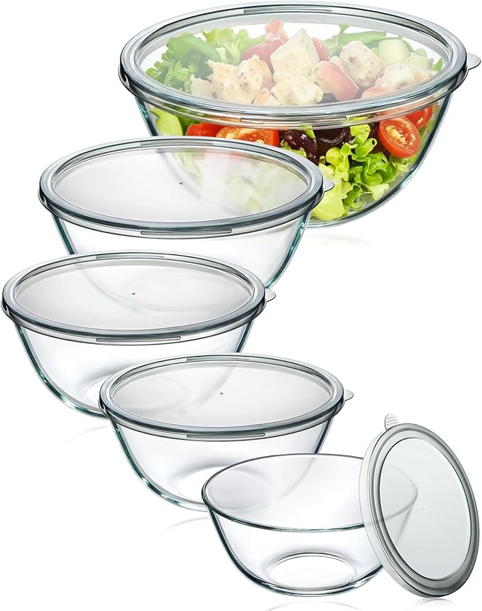 Glass Mixing Bowls with Lids Set of 5(4.78QT,2.2QT,1.7QT,1.1QT,0.85QT),Thick Glass Nesting Bowls for Kitchen Baking,Cooking Prep,Storage,Serving,Large Salad Bowls,Dishwasher Microwave Freezer Safe