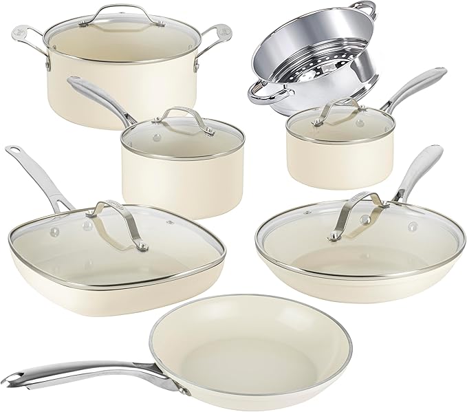 Gotham Steel 12 Pc Ceramic Cookware Set Nonstick, Ceramic Pots and Pans Set Non Stick with Steamer for Cooking, Non Toxic PFOA PFOS Free, Premium Stay Cool Handles, Oven & Dishwasher Safe