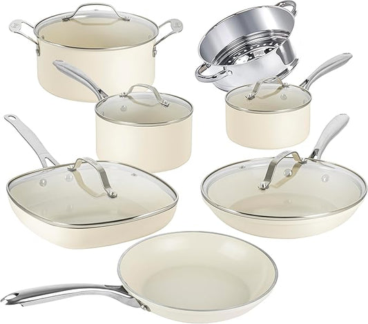 Gotham Steel 12 Pc Ceramic Cookware Set Nonstick, Ceramic Pots and Pans Set Non Stick with Steamer for Cooking, Non Toxic PFOA PFOS Free, Premium Stay Cool Handles, Oven & Dishwasher Safe