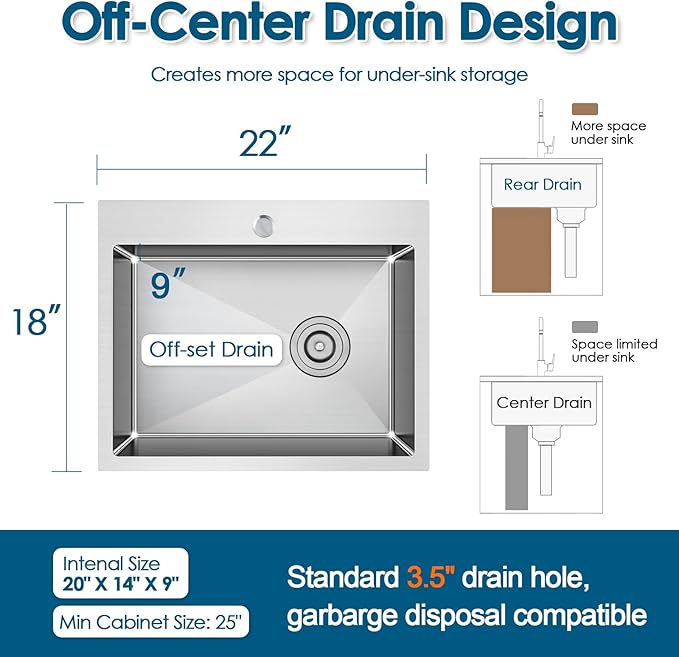 ROVOGO 22x18x9 in. Drop-in Kitchen Sink Single Bowl with 1 Faucet Hole, 304 Stainless Steel Handmade Modern Sink Top Mount with Bottom Grid and Offset Drain, Brushed