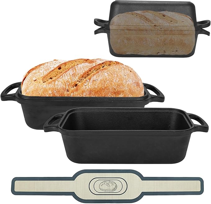 Blisswave Cast Iron Loaf Pan with Lid | Bread Baking Pans | Even Heat Distribution for Homemade Bread, Cake, Meatloaf | 2 Piece Set with 2 Bonus Bread Mats