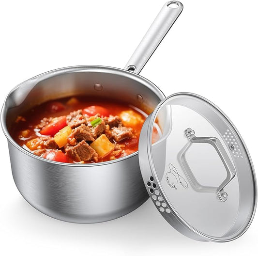 PekGema Stainless Steel Saucepan 3 Quart with Glass Strainer Lid, Thicken Tri-ply Full Sauce Pot, Two Side Spouts for Easy Pour, Dishwasher Safe, Induction Ready, Compatible with All Cooktops