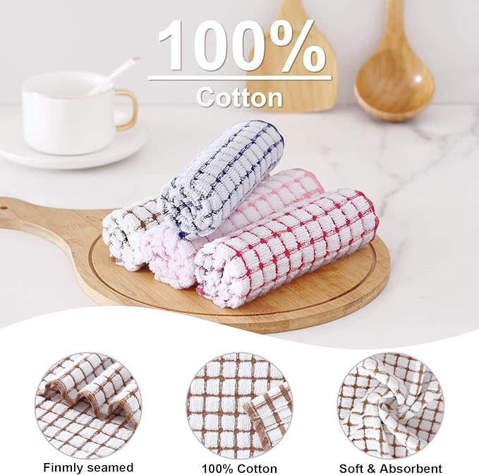 Kitinjoy Cotton 8 Pack Terry Kitchen Dish Cloths, 12 x 12 Inches Super Soft and Absorbent Dish Rags, Quick Drying Dish Towels for Washing Dishes, Brown