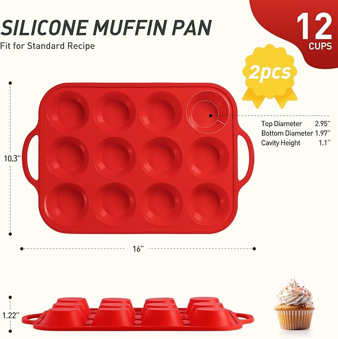 2 Packs 12 Cups Silicone Muffin Pan for Baking with Metal Reinforced Frame Regular Size Cupcake Pan Tray Egg Bites Silicone Cookie Molds Muffin Tin Tart Pans Sheet Set for Oven Dishwasher Safe