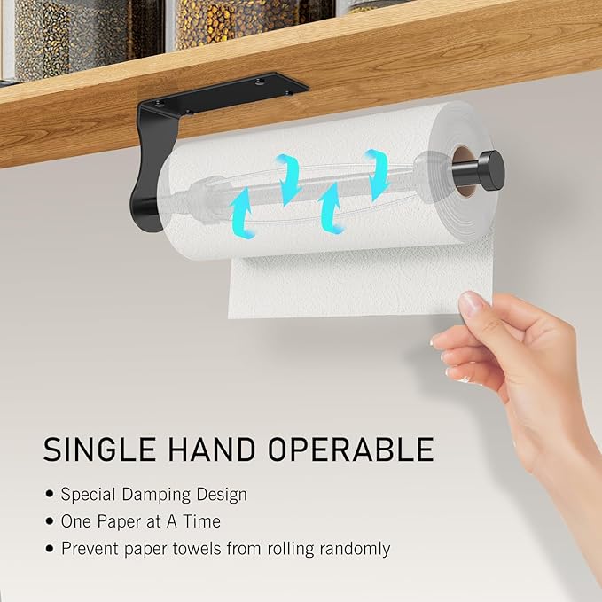SetSail Paper Towel Holder Under Cabinet Easy Tear Wall Mount Self-Adhesive or Drilled for Kitchen Bathroom Black 2 Packs