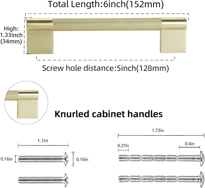 10 Pack 5 inch(128mm) Brushed Brass Kitchen Cabinet Handles Knurled Cabinet Pulls Gold Drawer Pulls Kitchen Hardware