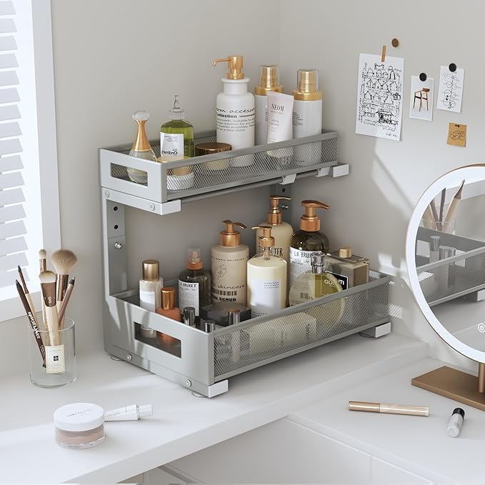 2-Pack Under Sink Storage Organizer, Large 2-Tier Elegant Mesh Pull Out Shelf for Kitchen and Bathroom Cabinet Organization, L-Shaped and Adjustable Height Design-Gun Gray