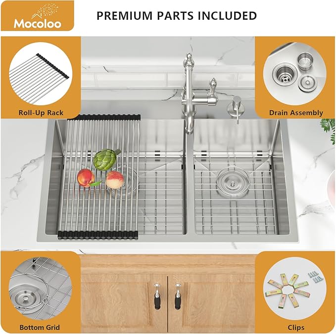 Mocoloo 33 Drop In Kitchen Sink Double Bowl 33 x 22 Drop Sink Double Bowl 60/40 T304 Stainless Steel 16 Gauge Topmount Handmade, 10 Inch Deep