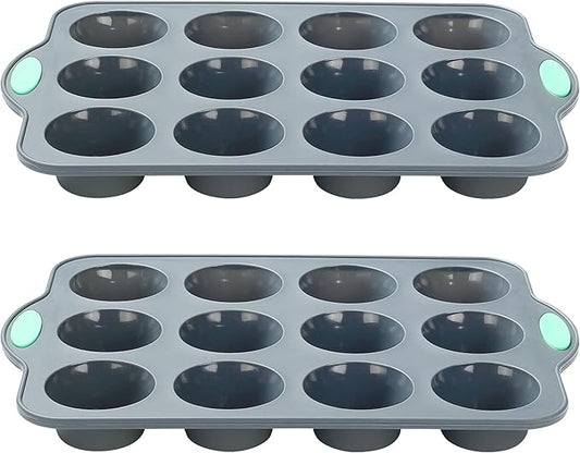 To encounter Small Silicone Muffin Pan, 2 Pack 12-Cup, Nonstick Baking Cups, Cupcake Pan with Metal Reinforced Frame More Strength