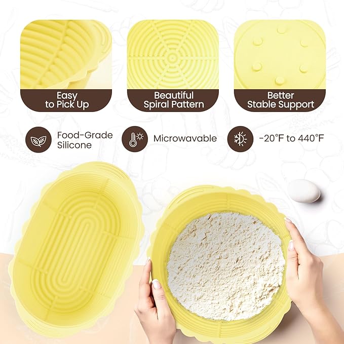 Neddie Upgraded Silicone Banneton Bread Proofing Basket, Sourdough Bread Baking Supplies Set of 2,9 Inch Round & 10 Inch Oval Foldable Sourdough Baking Baskets, Sourdough Starter Kit(Beige)