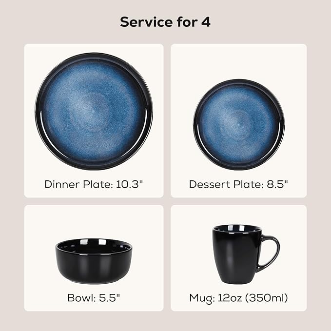 Romswi 16Pcs Dinnerware Set for 4, Stoneware Plates and Bowls Sets with Mugs, Chip & Scratch Resistant Dish Set, Handmade Reactive Glaze, Oven, Microwave and Dishwasher Safe, Dreamy Moonlight-Blue