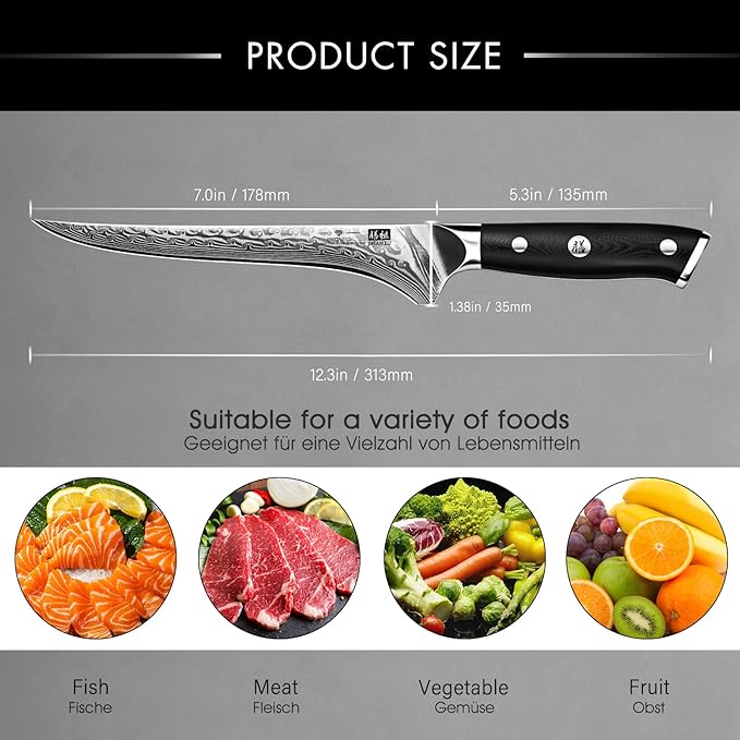 SHAN ZU 7 Inch Fillet Knife, Japanese Steel Damascus Boning Knife, Professional Sharp High Carbon Super Steel Kitchen Utility Knife with Ergonomic G10 Glass Fiber Handle