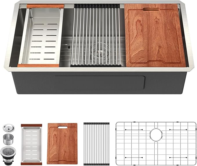 Lordear 36 Inch Undermount Kitchen Sink Stainless Steel 16 Gauge Workstation Single Bowl Handmade Kitchen Sinks Basin Under Counter, 36X19X10 Inch