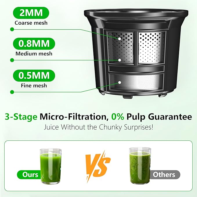 B11 Cold Press Juicer, 6" Extra Wide Feed Chute Slow Masticating Juicer Machine, Powerful AC Brushless Motor, Self Precut System, Easy to Clean, BPA-Free, Extra one Replace juicer strainer