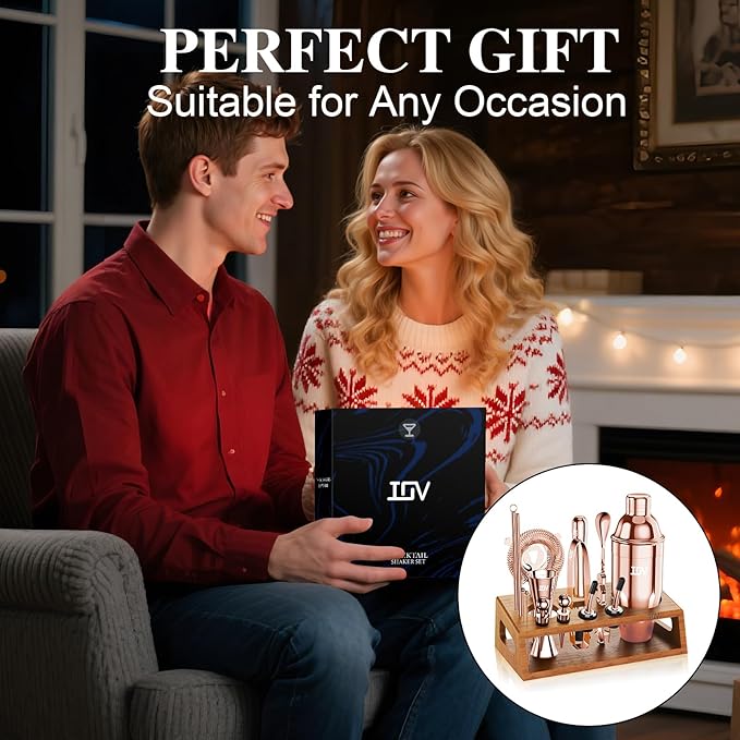 IOV Cocktail Shaker Set Bartender Kit with Stand | Bar Set Drink Mixer Set Includes Martini Shaker, Jigger, Strainer, Mixing Spoon, Muddler, Recipe Book | Home Bar Accessories Gift Set (Rose Gold)