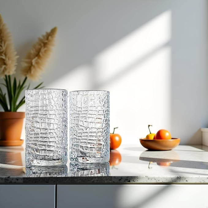 Glaver's Highball Drinking Glasses, Set of 4 Clear 15 Ounce Crackle Design Textured Drinking Glasses Heavy Duty Basic Set for Everyday Home, Bar use for Water Juice Cocktails Smoothies.