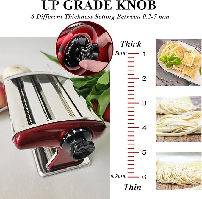 Manual Pasta Maker Machine – Stainless Steel Noodle Roller with Built-in 2mm & 4mm Cutters for Homemade Pasta, Lasagna, Fettuccine (Red, 2mm +4mm)