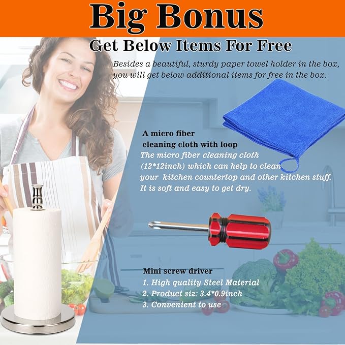 Paper Towel Holder Countertop, Standing Paper Towel Roll Holder for Kitchen Bathroom, with Weighted Base for One-Handed Operation, No Wobbly (Brushed Nickel)