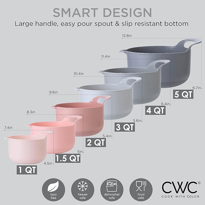 COOK WITH COLOR Nesting Plastic Mixing Bowl Set with Pour Spouts and Handles, Pink, 6 Piece Non-Slip