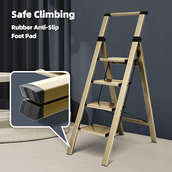 HillhutApex 4 Step Foldable Aluminum Step Ladder with Handgrip, Anti-Slip Pedal, 330 lbs Capacity, Lightweight & Portable for Home, Kitchen, Office, Garage (Gold)