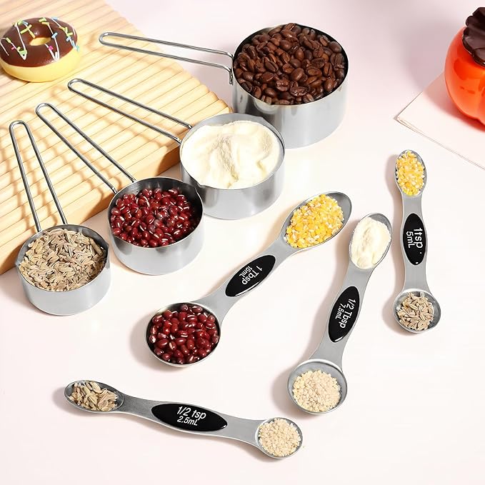 13pcs Stainless Steel Measuring Cups and Spoons Set, Including 8 Double-Sided Magnetic Measuring Spoons Set & 1 Leveler, 4 Metal Measuring Cups