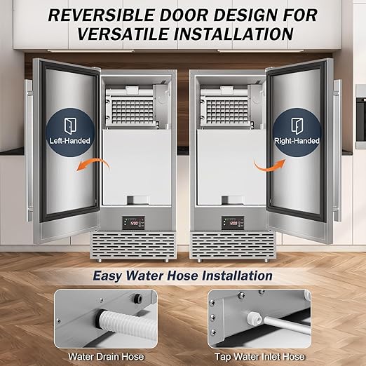 Under Counter Ice Maker Machine - 120 LBS/Day, Built in/Freestanding Placed, Auto-Cleaning,Reversible Door, Built 25LBS Ice Storage, Stainless Steel Ice Machine for Home & Commerial Outdoor Use