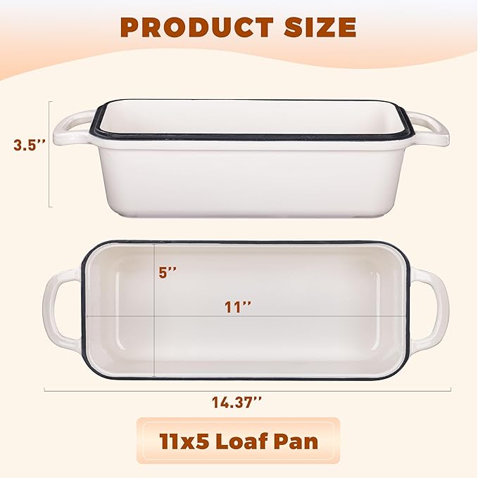 11x5 Inch Cast Iron Bread Loaf Pan With Lid, 5.8 Qt Large Loaf Pan for Sourdough Bread Baking, Heavy Duty Dutch Oven Bread Pan For a Crispy Crust (Cream White)
