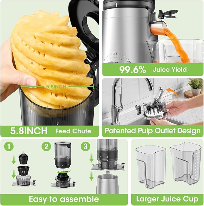 Cold Press Juicer Machines with 5.8" Large Feed Chute, Juicer for Whole Vegetables & Fruits, High Juice Yield (Grey)