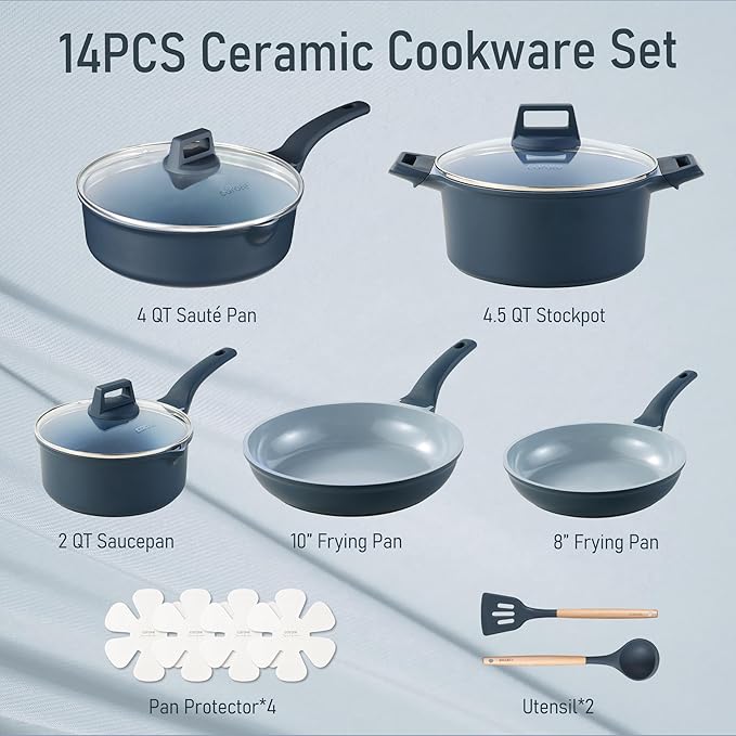 CAROTE 14 Pcs Ceramic Cookware Set, Pots and Pans Set Non Stick with Ceramic Coating, Induction Kitchen Sets