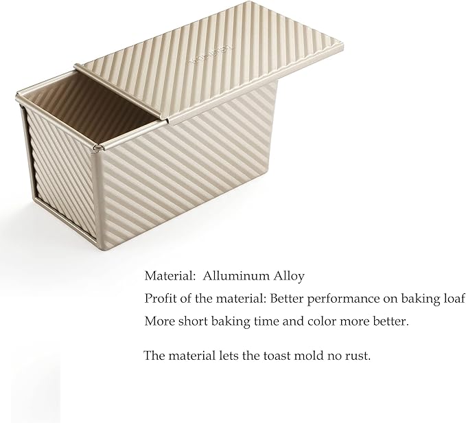 monfish Pullman Loaf Pan w Cover Bread Toast Mold corrugated loaf Pan w lid 1lb dough Alluminumed Steel Non Stick Gold (8.5X4.75X4.375INCH)