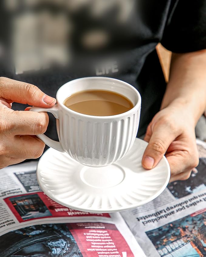 Ceramic Espresso Cups with Saucers 8 Oz,Set of 4 Porcelain Demitasse Cups Set,Small Coffee Cups with Handle for Coffee,Tea,Latte and Macchiato,Cappuccino Mugs for Kitchen and Cafe,White
