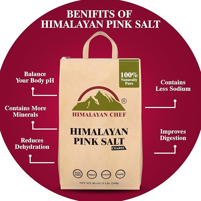 Himalayan Chef Himalayan Pink Salt - 5 lbs Coarse Grain Bulk Bag - 100% Natural and Pure Gourmet Crystals, Contains 84 Minerals, Table Salt, Kosher and Vegan | For Grinders & Salt Mills