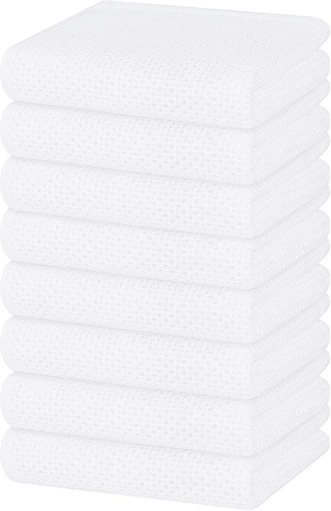 Homaxy 100% Cotton Waffle Weave Kitchen Dish Towels, Ultra Soft Absorbent Quick Drying Cleaning Towel, 13 x 28 Inches, 8-Pack, White
