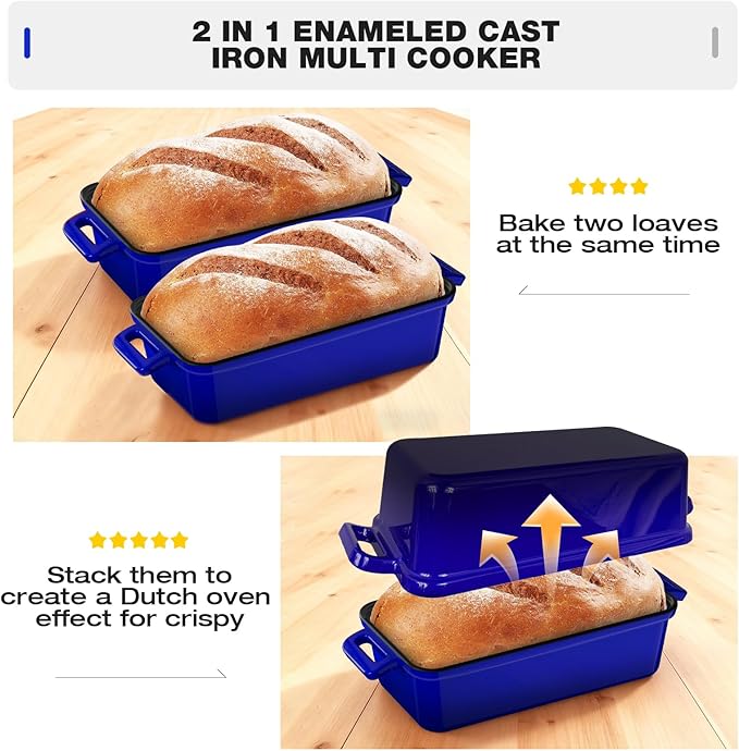 9x5 Enameled Cast Iron Loaf Pan with Lid – Bread Pan for Sourdough, Cake, Meatloaf, Even Heat, Nonstick, Easy to Clean, 2 Piece Set