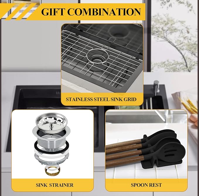 Black Kitchen Sink, Undermount Stainless Steel Bar Sink 27x18x9 Inch Drop In Single Bowl Kitchen Sink With Accessories-Sink Grid,Spoon Rest,Drain Assembly Set For Modern Kitchen Sink