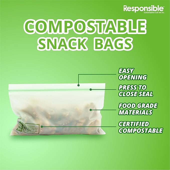 Certified Compostable SNACK Resealable Zip Bag, Extra Strength Food Bags, Plant-Based Freezer-Safe (92 Pack)