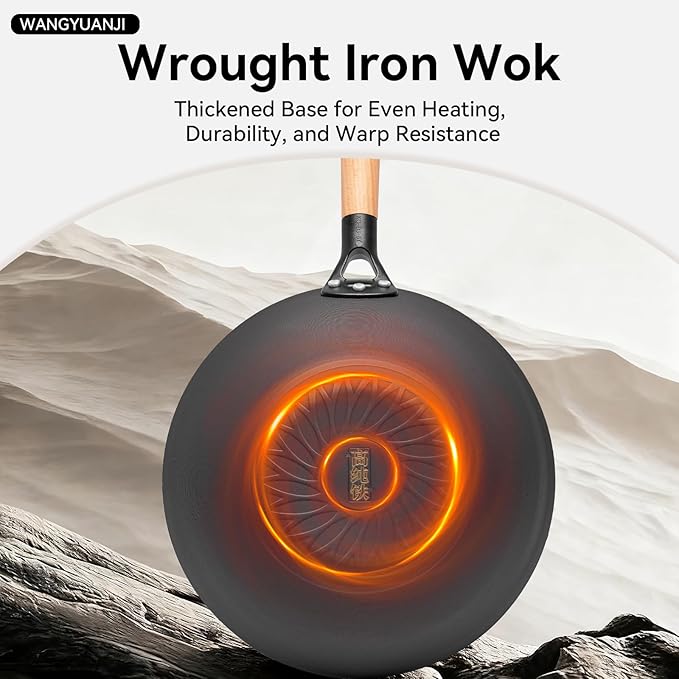 WANGYUANJI 11.8 Inch Iron Wok with Glass Lid, Flat Bottom Stir Fry Pan with Wooden Handle, Non-Coated Naturally Nonstick Skillet, Traditional Chinese Wok for Gas, Electric & Induction Cooking
