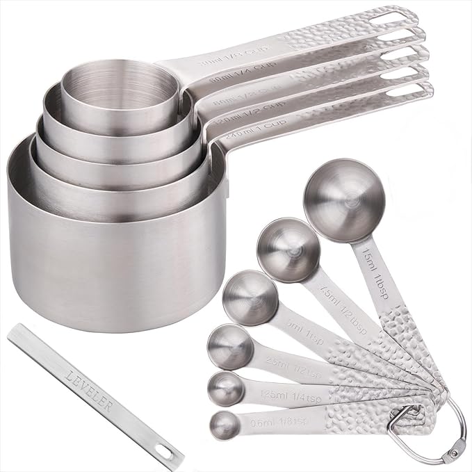 Measuring Cups and Spoons Set 14, Stainless Steel Measuring Cups and Spoons set for Baking & Kitchen, 5 Metric & US Measuring Cups and 6 Measuring Spoons,1Leveler and 2Rings for Dry & Liquid