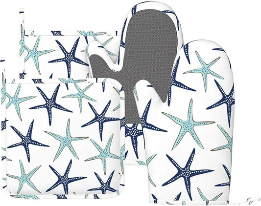 Sea Stars Oven Mitts and Pot Holders Set of 4 Silicone Navy Blue Turquoise Coastal Sea Stars Kitchen Mitten Gloves and Non-Slip Potholders Set Heat Resistant Oven Gloves Hot Holders for BBQ