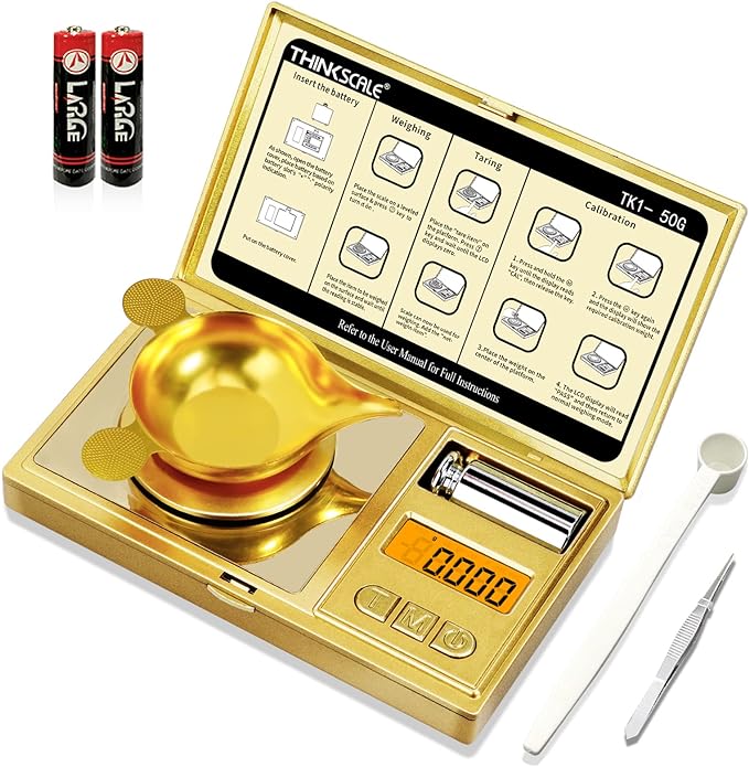 THINKSCALE 50g/0.001g Digital Milligram Scale, Gold Mg Scale with 50g Calibration Weight, Powder Scale for Reloading, Micro Gram Scale, Miligram Scale for Powder Medicine