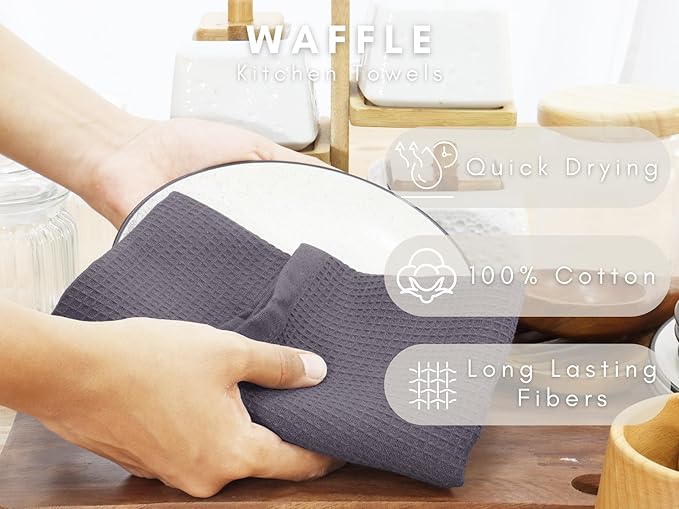 PurpleEssences Waffle Weave Kitchen Towel, 100% Cotton 15x25 Inches, with Hanging Loop Soft Absorbent Quick Drying Dish Cloth, Tea and Hand Towels, 6 Pack - Christmas Holiday Winter - Dark Grey