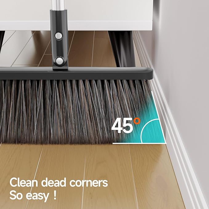 CTIME Broom with Dustpan, Broom with Dustpan Combo Set, 51.6" Adjustable Long Handle with 2 Replaceable Broom Heads, Standing Broom and Dustpan Set for Indoor Sweeping, Home, Office, Kitchen,Floor
