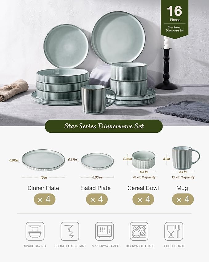 Famiware Star Dinnerware Set with Mugs, Service for 4 (16pcs), Ribbed Stoneware Plates and Bowls Dishes Sets - Chip & Scratch Resistant, Microwave & Dishwasher Safe, Smoky Blue