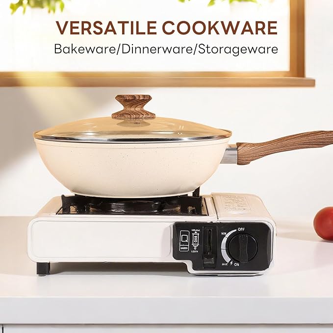 Sweetcrispy 17 Pcs Nonstick Pots and Pans, Non-toxic Kitchen Cooking Set with Stay-Cool Handles, Cream White