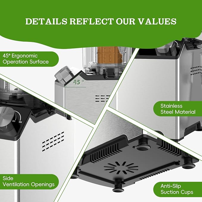 Cold Press Juicer, Wide Feed Chute Juicer Machines, Stainless Steel Slow Masticating Juicers Easy to Clean, Vegetables & Fruits Juice Extractor, High Juice Yield, Gray Knob